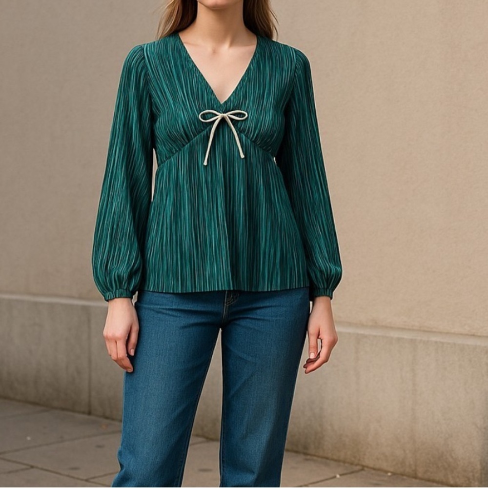 Rachel Zoe Emerald Pleated V-Neck Blouse - Picture 3 of 6